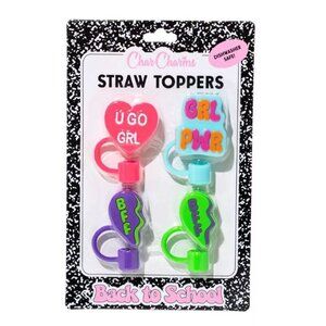 CharCharms 4pk Straw Toppers Protectors Pink Girls Back To School BFF